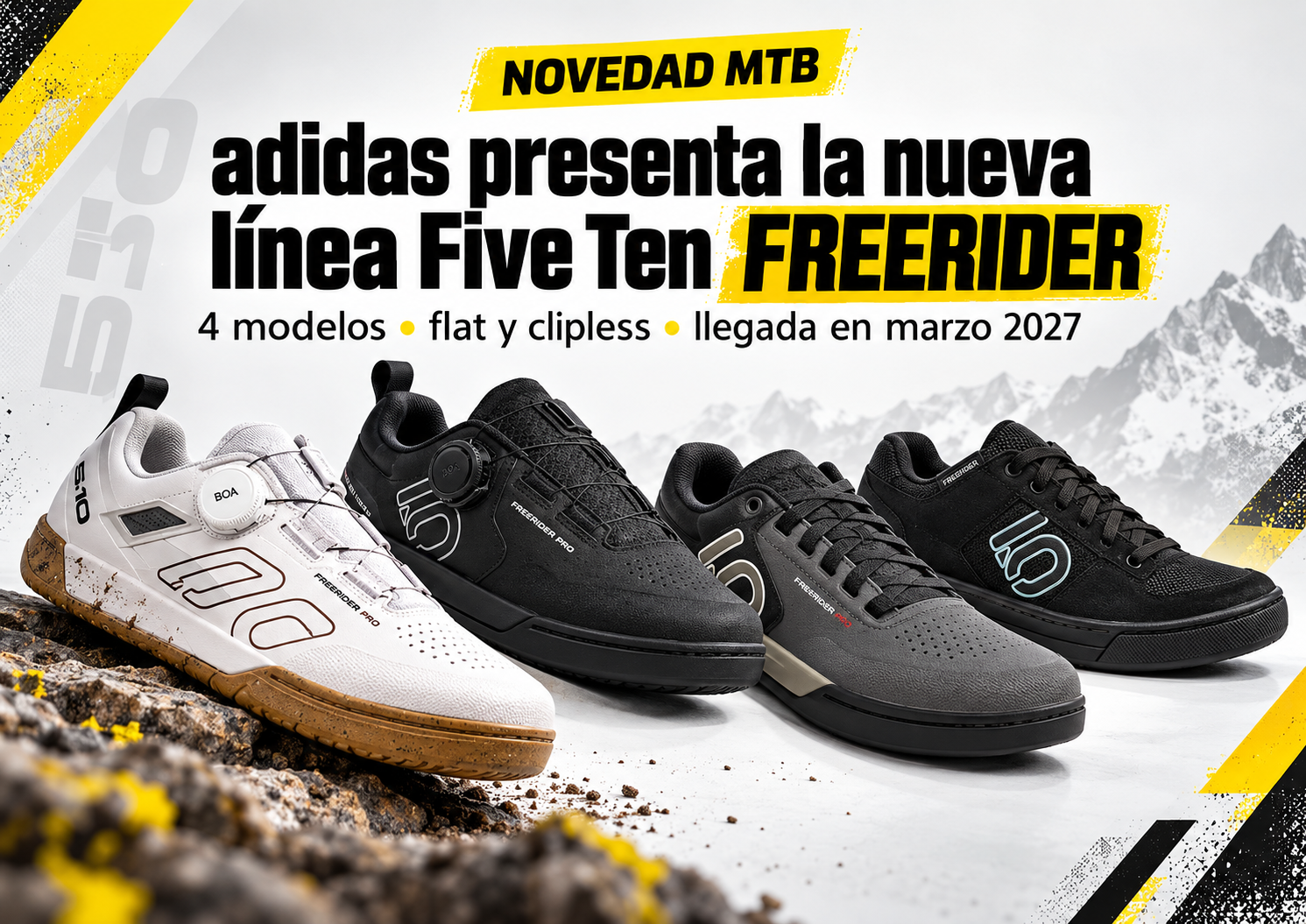Arte editorial de MTB Adventure Academy sobre Five Ten FREERIDER 2027